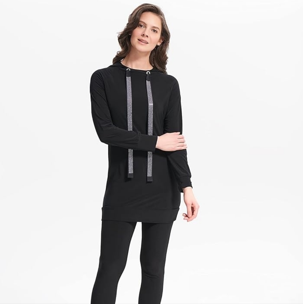 Joseph Ribkoff Black Hoodie Tunic with Sparkling Drawstrings. Size 2